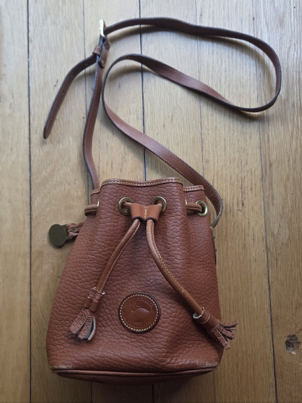 Vintage Made In USA Dooney & Bourke Brown Leather Drawstring Bucket Bag
